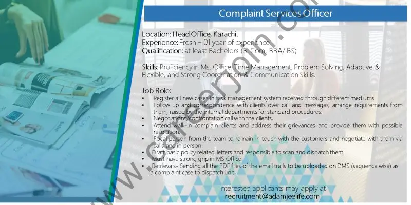 Adamjee Life Insurance Company Limited Jobs Complaint Services Officer