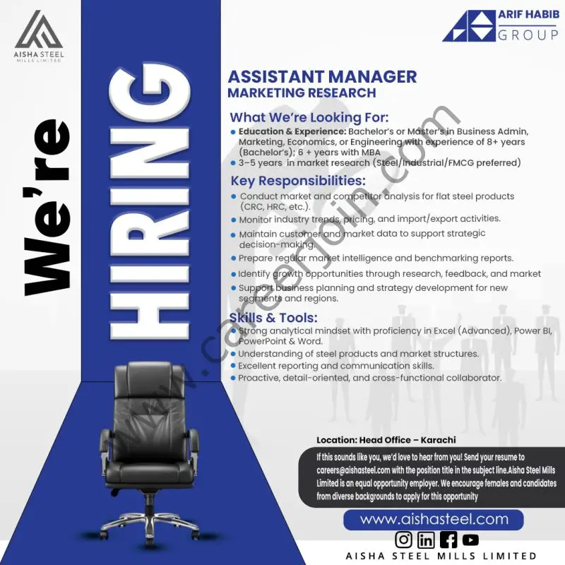 Aisha Steel Mills Limited ASML Jobs Assistant Manager Marketing Research