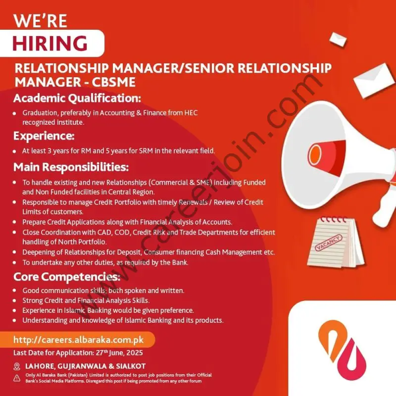 Al Baraka Bank (Pakistan) Limited Jobs Relationship Manager/Senior Relationship Manager CBSME