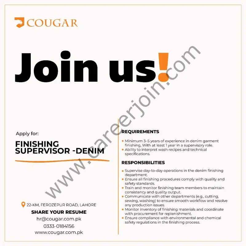 Cougar Clothing Jobs Finishing Supervisor Denim