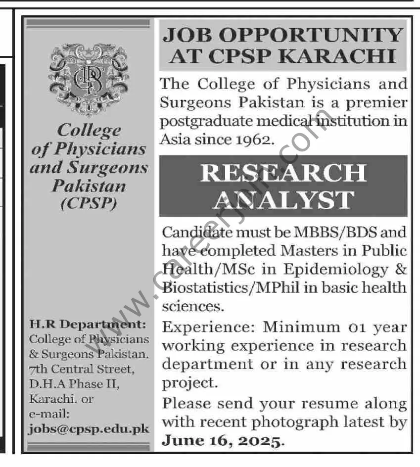 College of Physicians & Surgeons CPSP Jobs Research Analyst