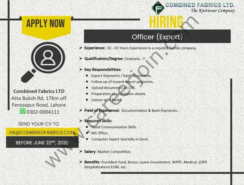 Combined Fabrics Limited Jobs Officer Export