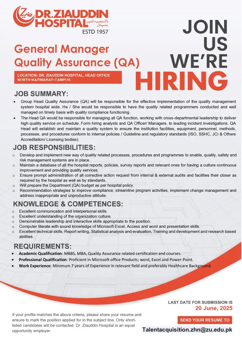 Dr Ziauddin University Jobs General Manager Quality Assurance (QA)