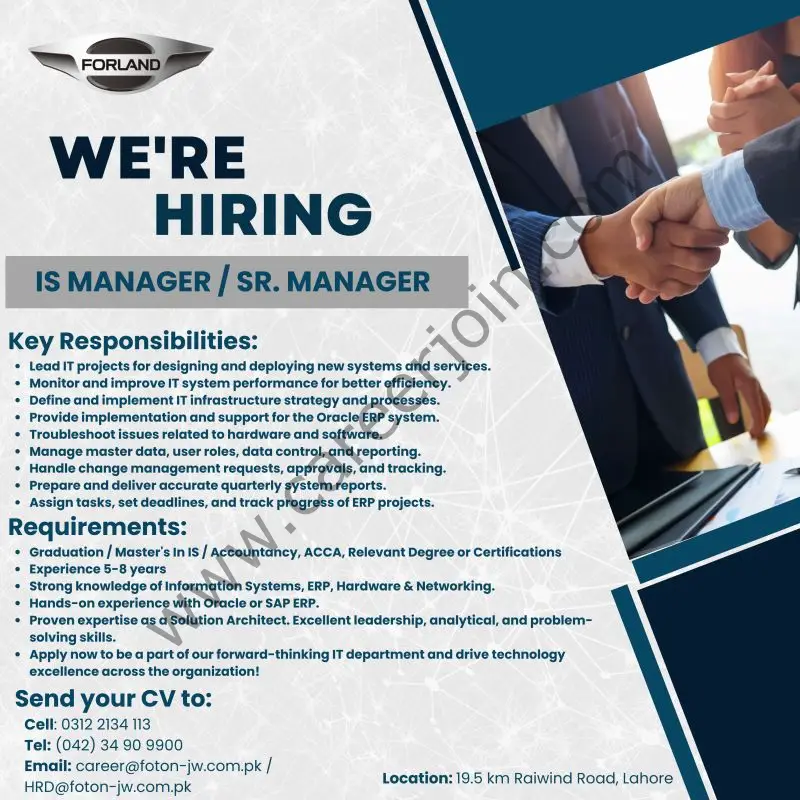 JW Forland Pvt Ltd Jobs IS Manager / Sr Manager (Oracle ERP)