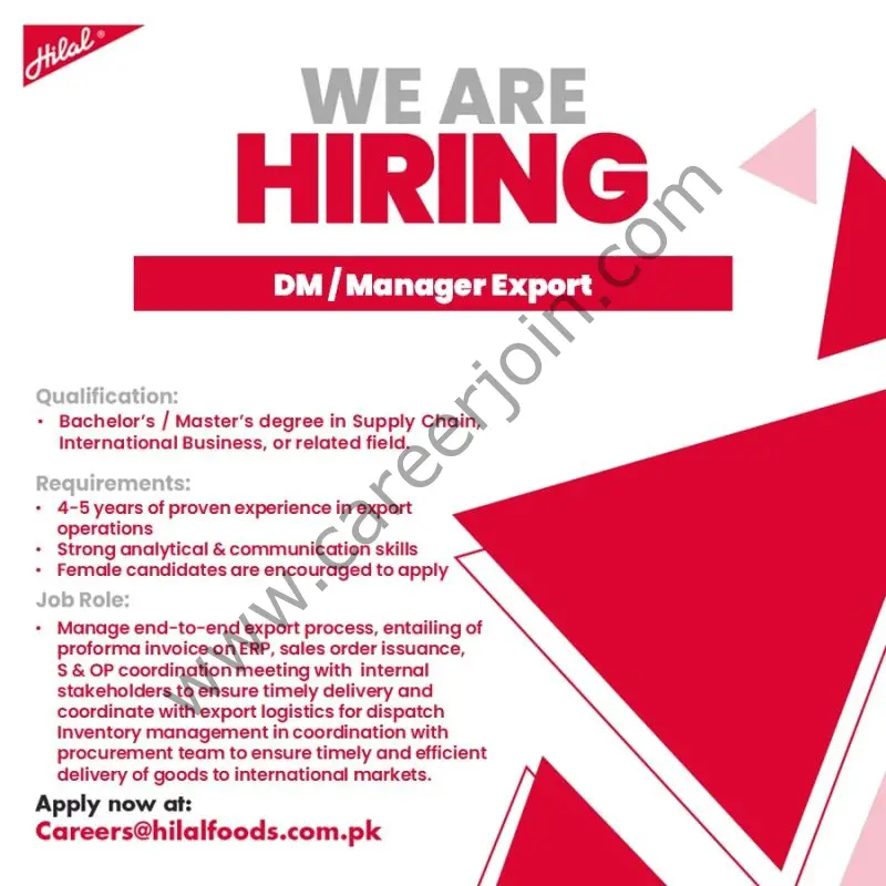 Hilal Foods Pvt Ltd Jobs DM/Manager Export