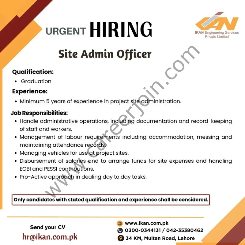 IKAN Engineering Services Pvt Ltd Jobs Site Admin Officer
