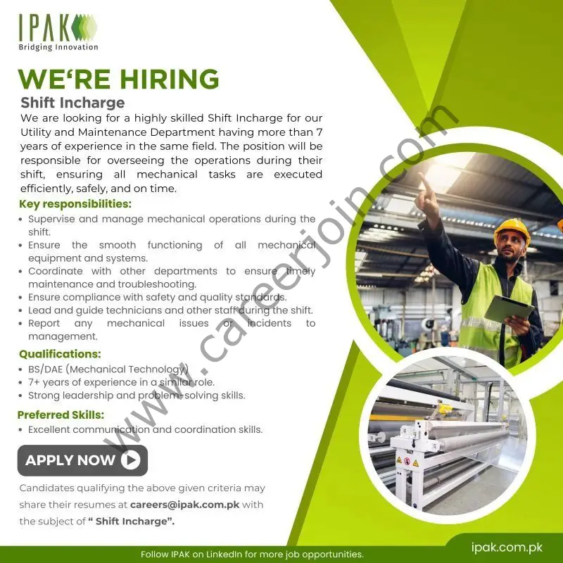 International Packaging Films Limited IPAK Jobs Shift Incharge