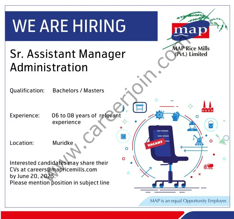 MAP Rice Mills (Pvt) Limited Jobs Sr Assistant Manager Administration