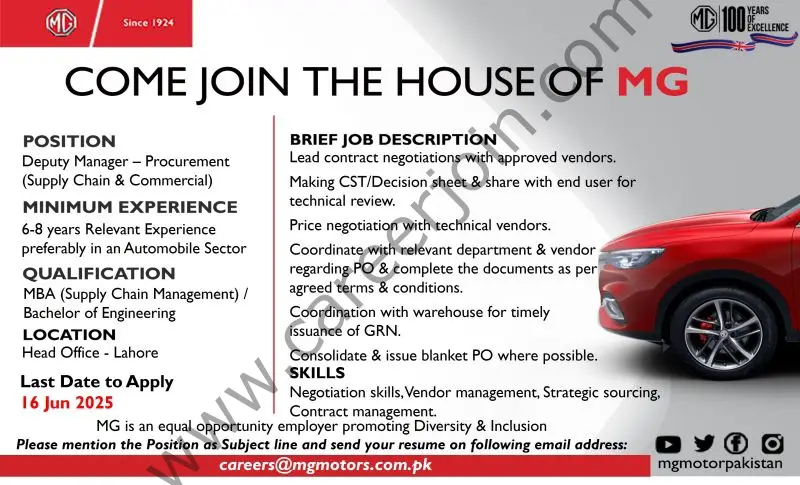 MG Motors Jobs Deputy Manager Procurement