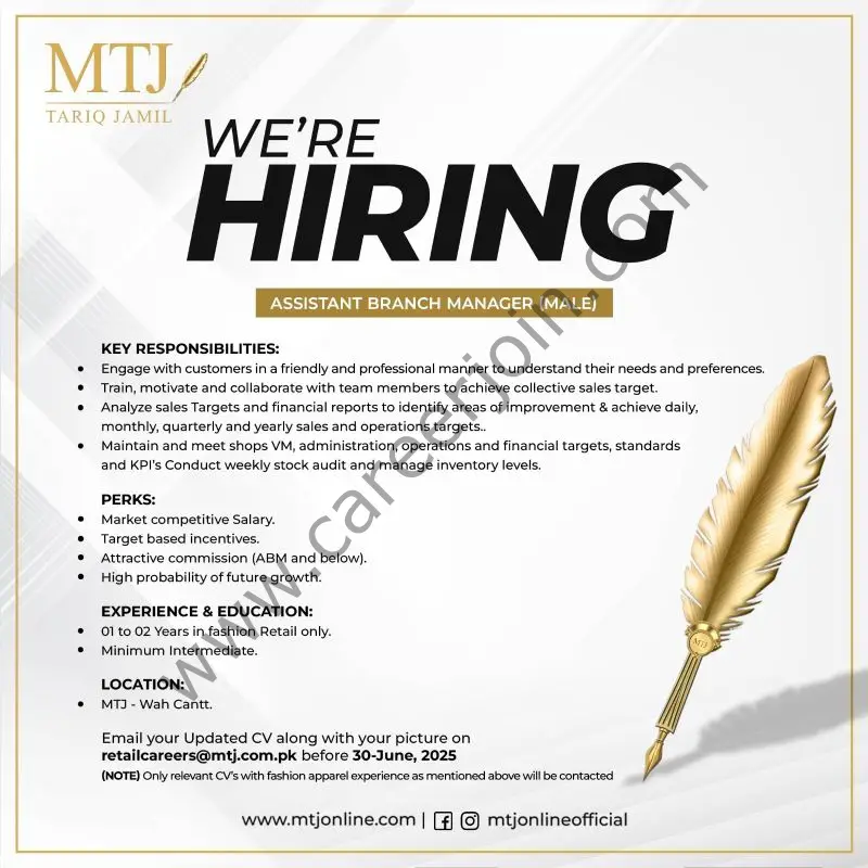 MTJ Tariq Jamil Jobs Assistant Branch Manager