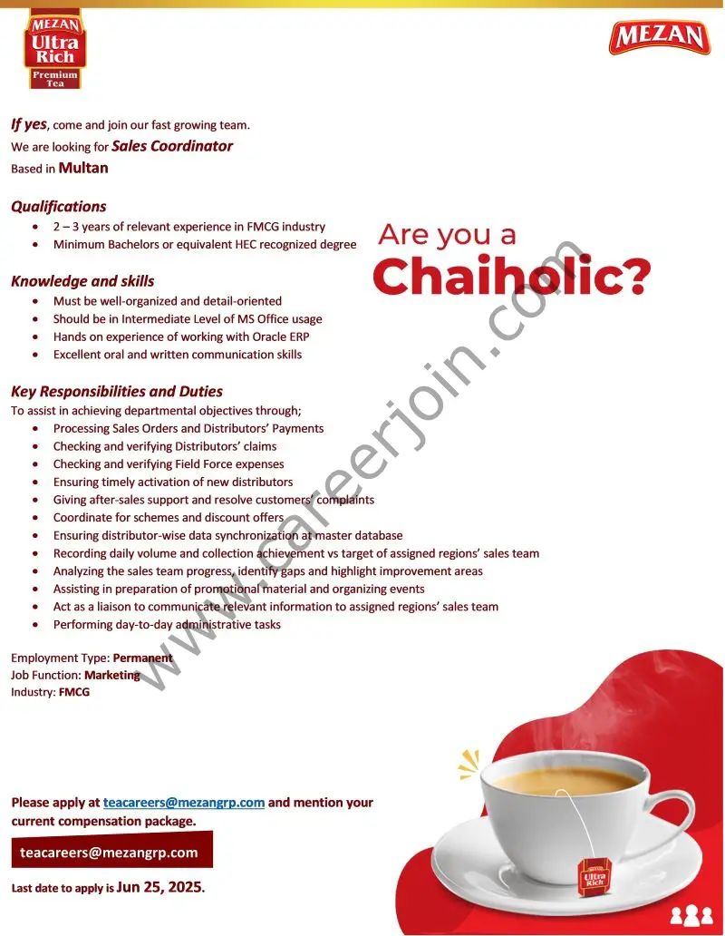 Mezan Tea Pvt Ltd Jobs Sales Coordinator