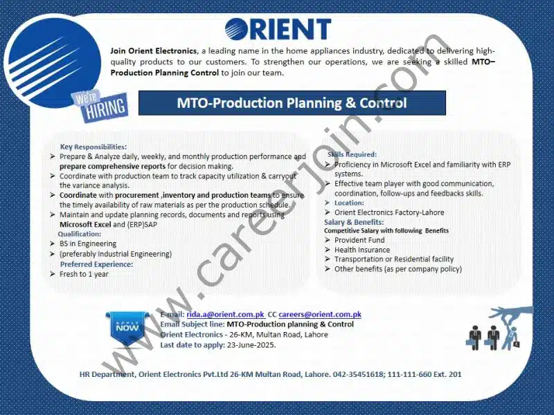 Orient Electronics Jobs MTO Production Planning & Control