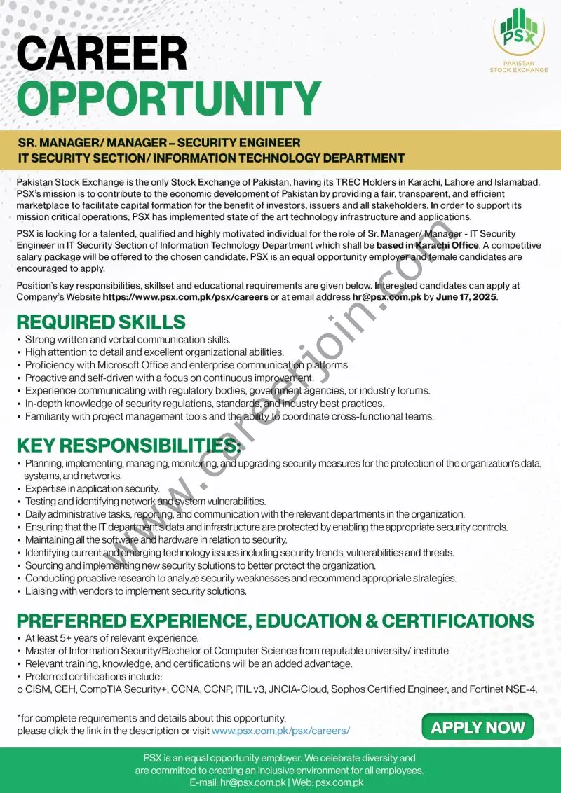 Pakistan Stock Exchange PSX Jobs Sr Manager / Manager / Security Engineer