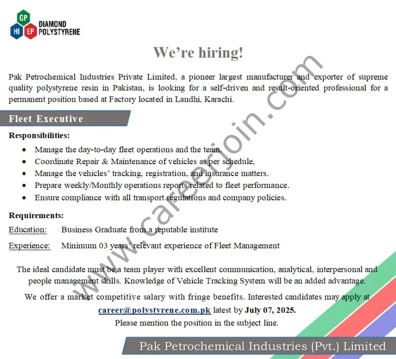 Pak Petrochemical Industries Private Limited Jobs Fleet Executive