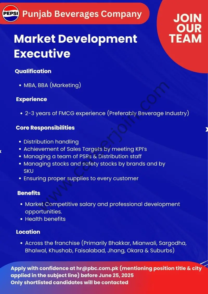 PEPSI Punjab Beverages Company Jobs Market Development Executive