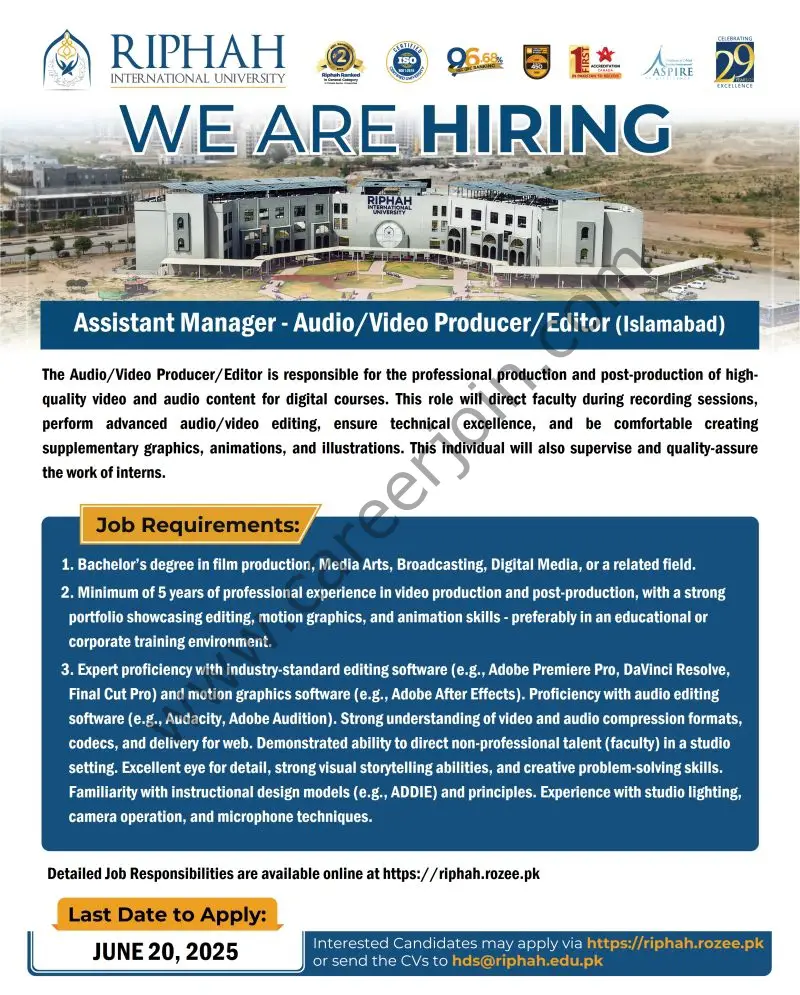 Riphah International University Jobs Assistant Manager Audio/Video Producer/Editor