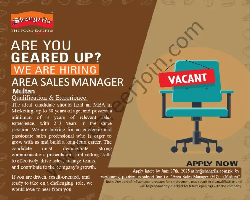 Shangrila Foods (Private) Limited Jobs Area Sales Manager