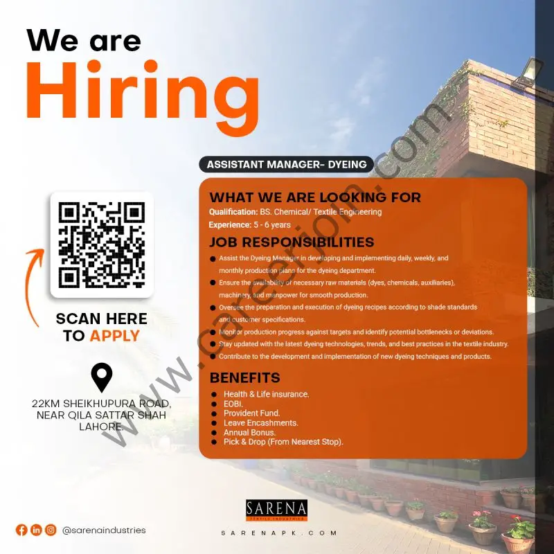 Sarena Textile Industries Jobs Assistant Manager Dyeing