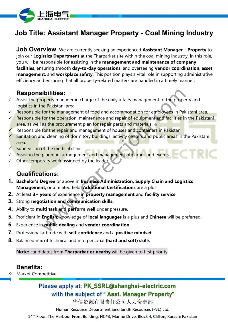 Sino Sindh Resources Pvt Ltd Jobs Assistant Manager Property Coal Mining Industry