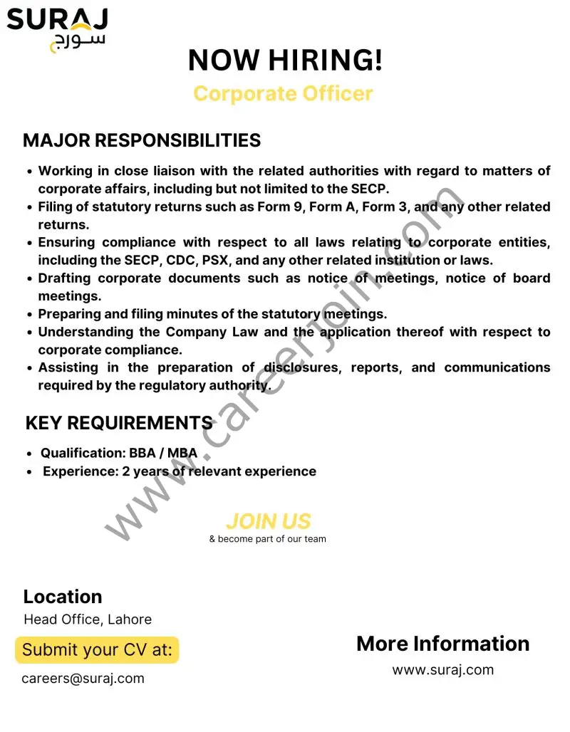 Suraj Cotton Mills Limited Jobs Corporate Officer