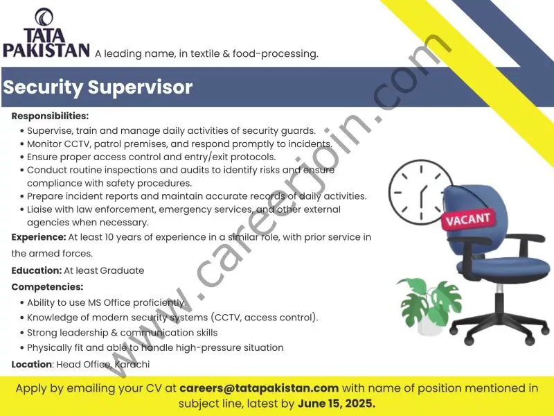 Tata Pakistan Jobs Security Supervisor