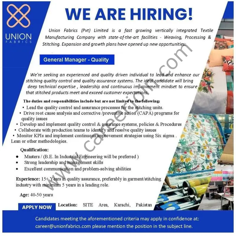 Union Fabrics (Pvt) Limited Jobs General Manager Quality