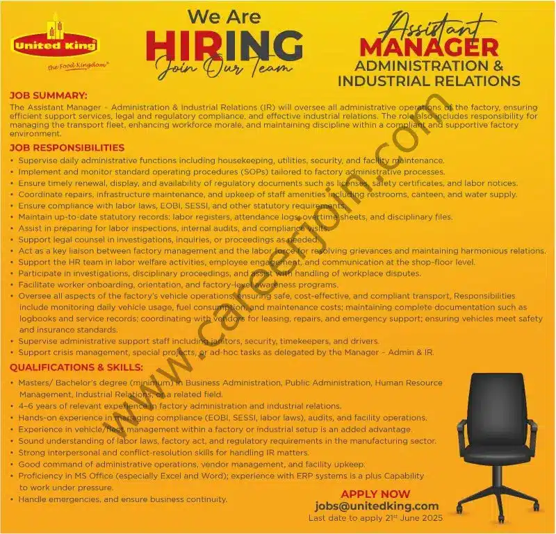 United King Jobs Assistant Manager Administration & Industrial Relations
