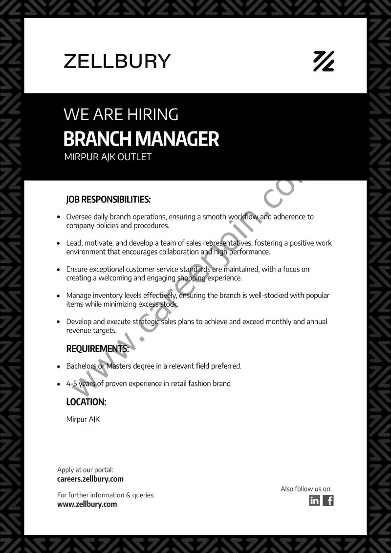 Zellbury Pakistan Jobs Branch Manager