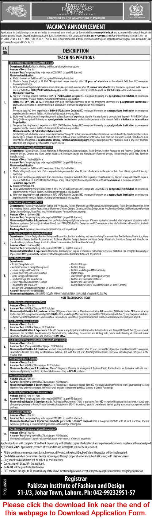PIFD Lahore Jobs 2025 – Teaching and Non-Teaching Vacancies Announced