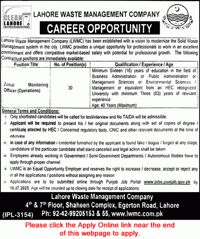 LWMC Jobs 2025 – Zonal Monitoring Officer (Operations) Vacancies