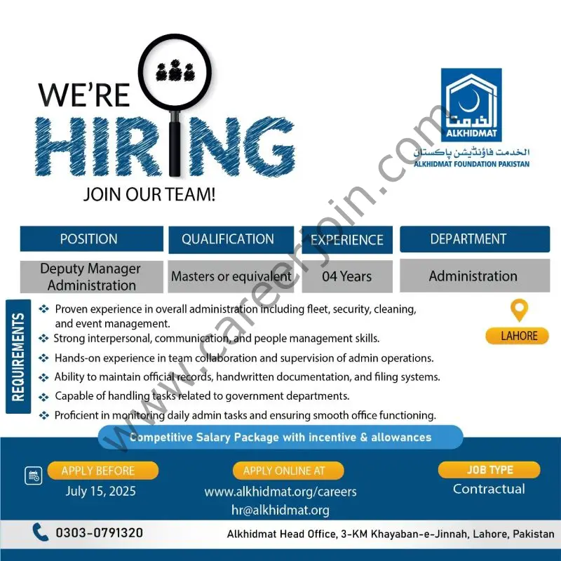 Alkhidmat Foundation Pakistan Jobs Deputy Manager Administration