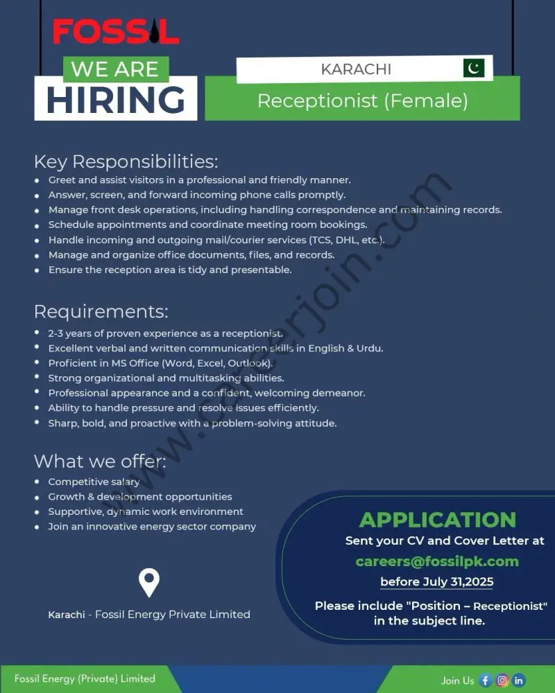 Fossil Energy Pakistan Jobs Receptionist