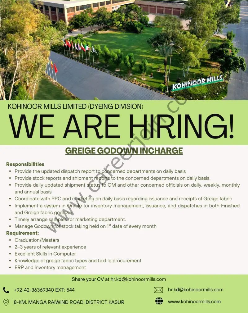 Kohinoor Mills Limited Jobs Greige Godown Incharge