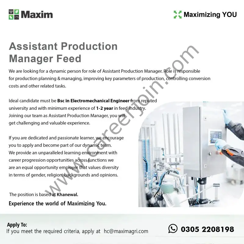 Maxim Agri Pvt Ltd Jobs Assistant Production Manager Feed