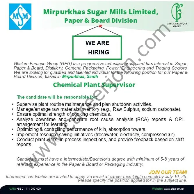 Mirpurkhas Sugar Mills Limited Jobs Chemical Plant Supervisor