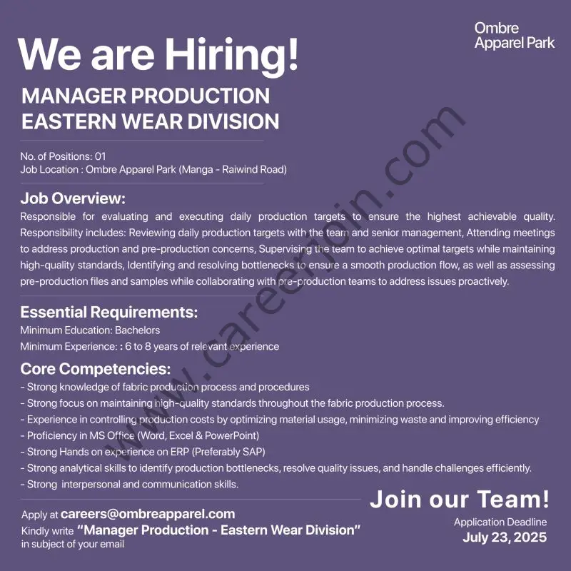 Ombre Apparel Park Jobs Manager Production
