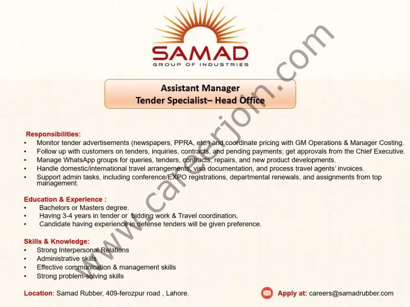 Samad Group Of Industries Jobs Assistant Manager Tender Specialist